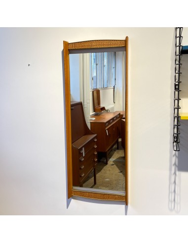 Miroir teck, laiton et cannage 98 cm la colonne vertébrale